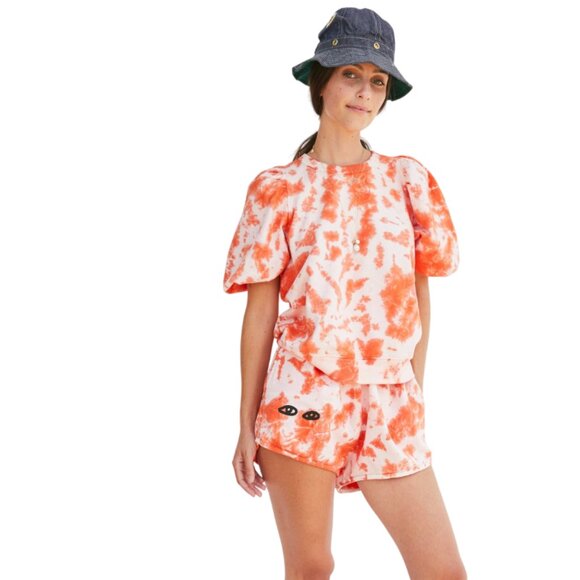 Clare V. Puff Sleeve Sweatshirt Top Womens Small Orange White Tie Dye Crew Neck - Picture 1 of 13